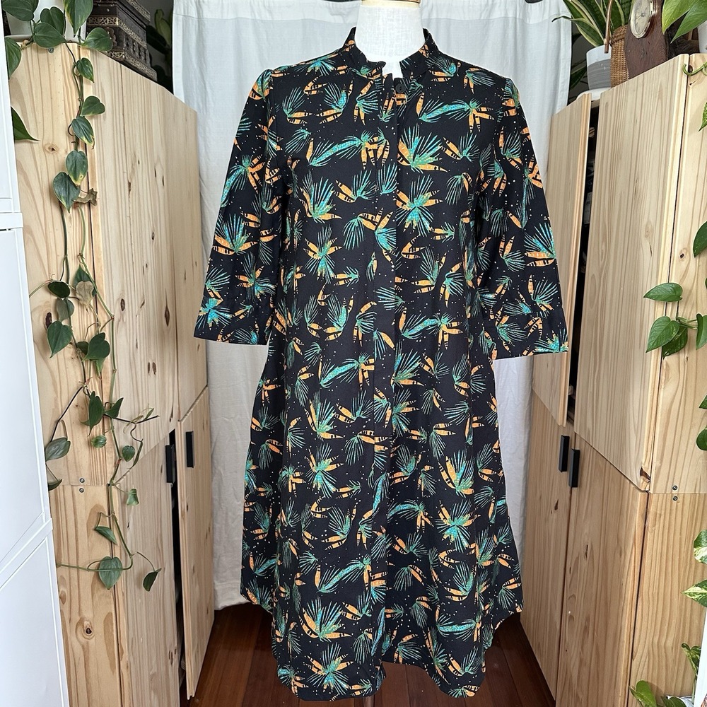 ZURI Kenya Shirt Dress Small S Long Button Front Coat Pockets Seeds Green Cotton